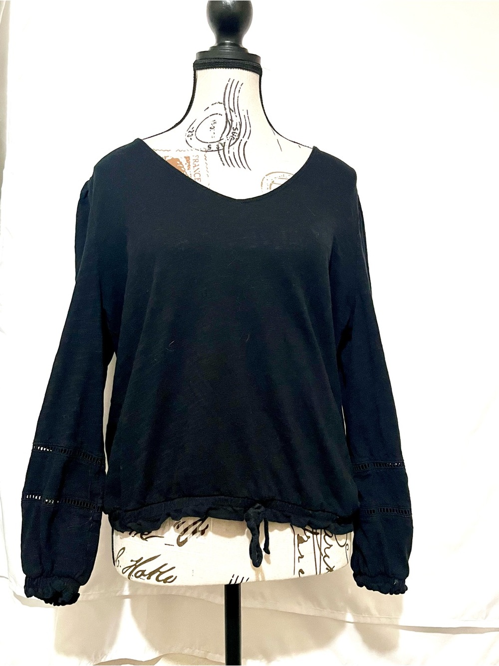 INC International Concepts Black V-Neck Top Blouse Crochet Sleeve Drawstring L